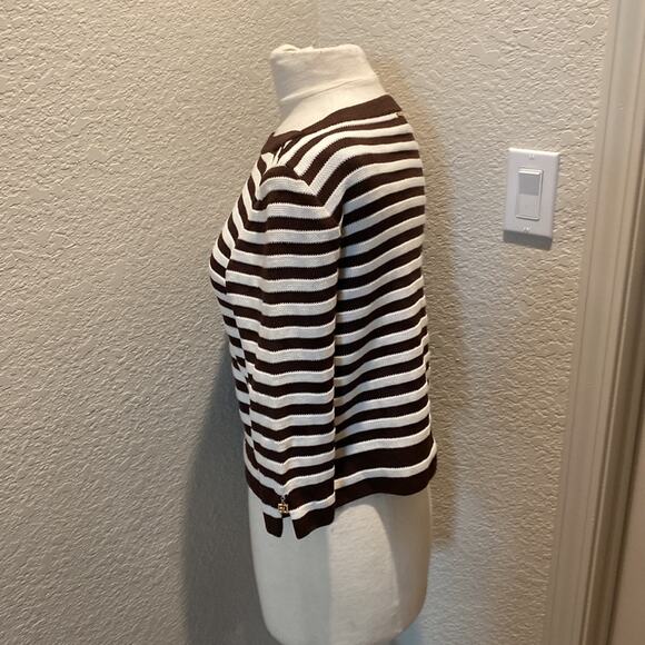 St. John Sport Women’s Brown & White Striped Cropped Knit Sweater Sz Sm - Picture 2 of 12